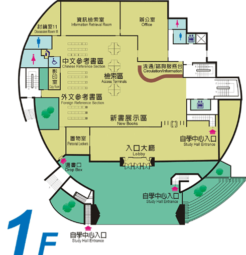 1F 平面圖，設施包含：流通／諮詢服務台、討論室、資訊檢索室、辦公室、中文參考書區、外文參考書區、影印室、檢索區、新書展示區、置物室、自學中心入口、還書口