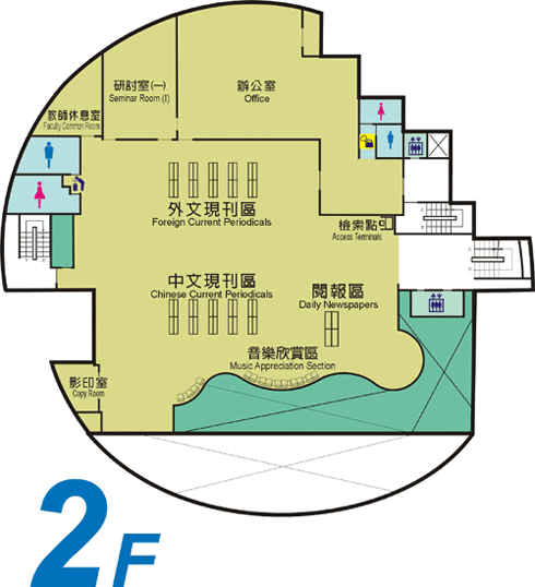 2F 平面圖，設施包含：外文現刊區、中文現刊區、閱報區、檢索點、影印室、研討室、辦公室、教師休息室