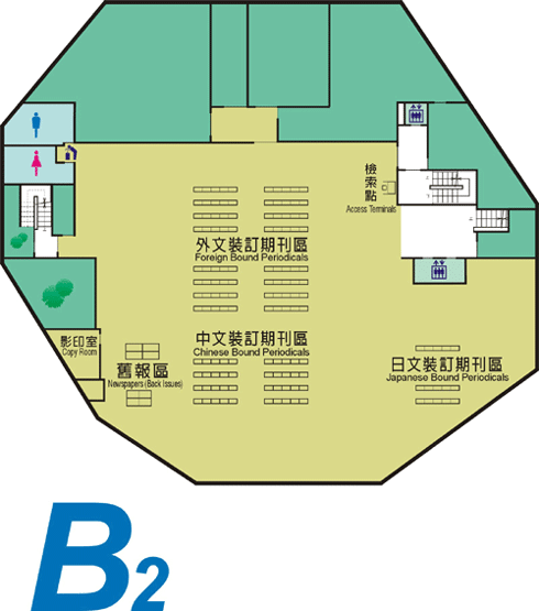 B2 平面圖，設施包含：外文裝訂期刊區、中文裝訂期刊區、影印室、舊報區、檢索點、日文裝訂期刊區